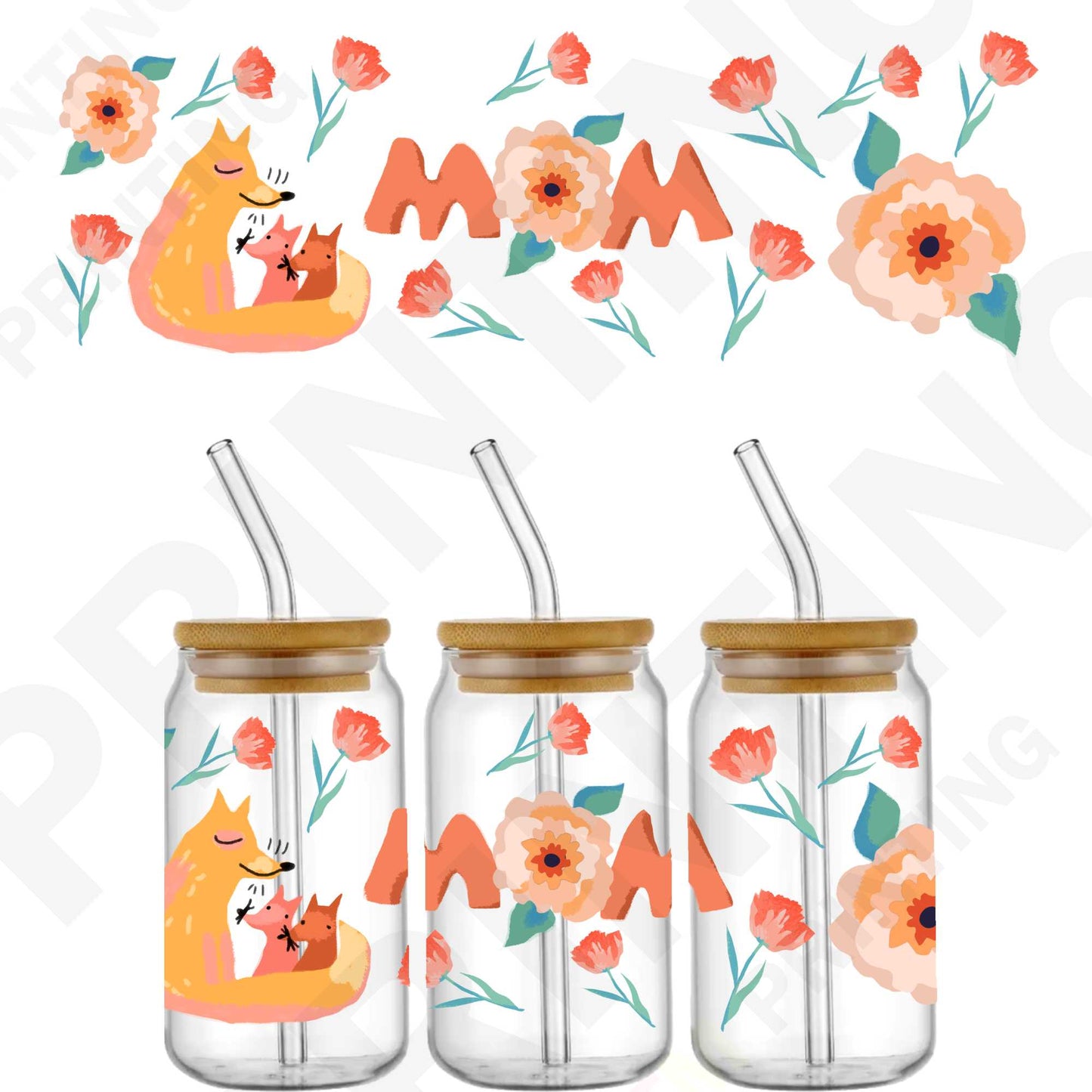 Happy Mother's Day, Fox & Flower For 16 oz Glass Cups