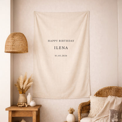 Personalized Birthday Name Banner – Custom Fabric Birthday Sign, Boho Linen Wall Decor