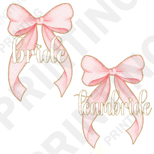 Bride & Team Bride Pink Bow DTF Transfer - Coquette Bachelorette Party Design, Gold Glitter Bridal Set
