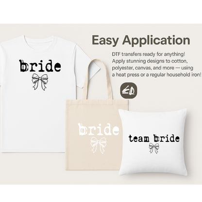 Bride & Team Bride Bow DTF Transfer, Coquette Bridal Party Design, Bachelorette Party Shirt Transfer