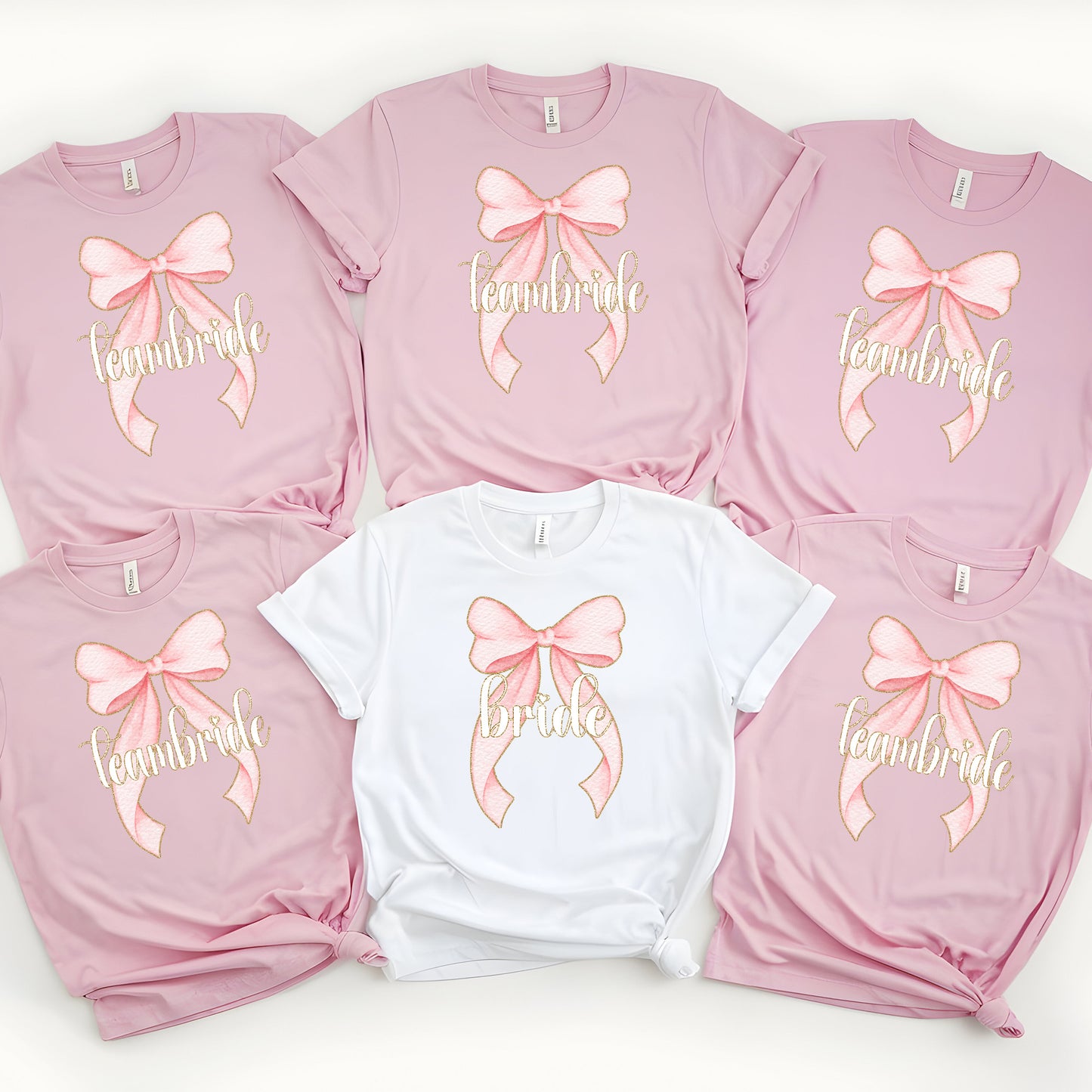 Bride & Team Bride Pink Bow DTF Transfer - Coquette Bachelorette Party Design, Gold Glitter Bridal Set