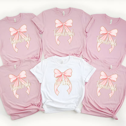 Bride & Team Bride Pink Bow DTF Transfer - Coquette Bachelorette Party Design, Gold Glitter Bridal Set