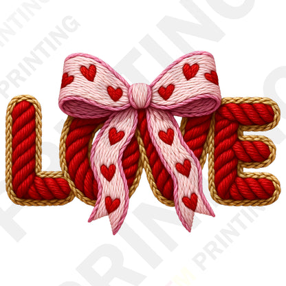 Knitted Heart LOVE with Pink Ribbon Valentine’s Day DTF Transfer