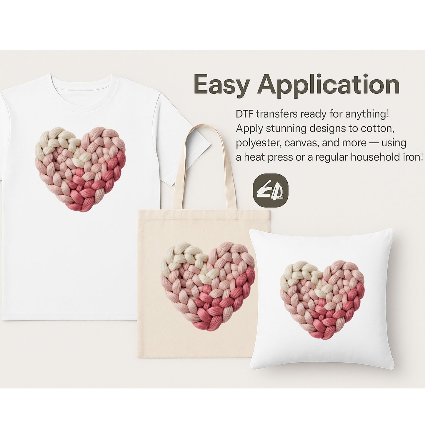 Knitted 3 Color Pink Heart Valentine’s Day DTF Transfer