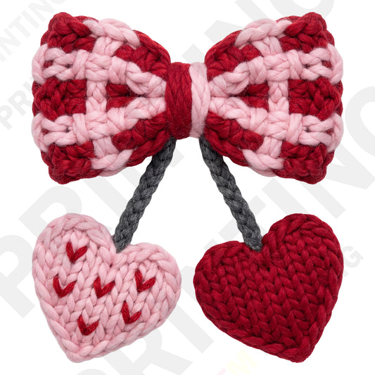 Knitted Pink Cherry Red Heart Ribbon Valentine’s Day DTF Transfer