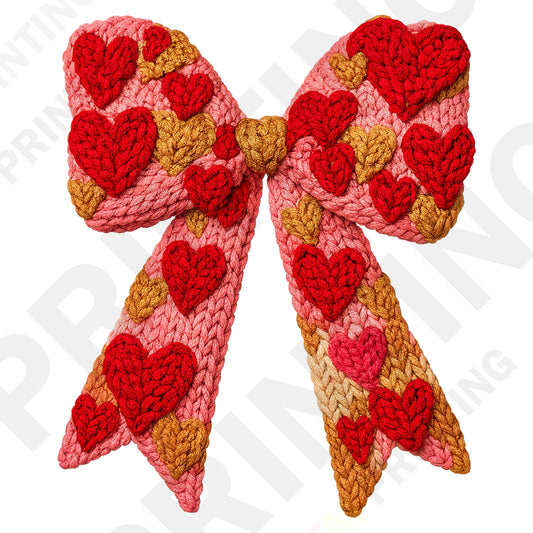 Knitted Pink Ribbon with Red and Gold Hearts Valentine’s Day DTF Transfer
