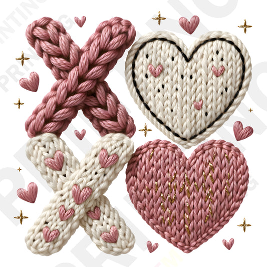 Knitted XOXO with Heart in Pink and White Valentine’s Day DTF Transfer