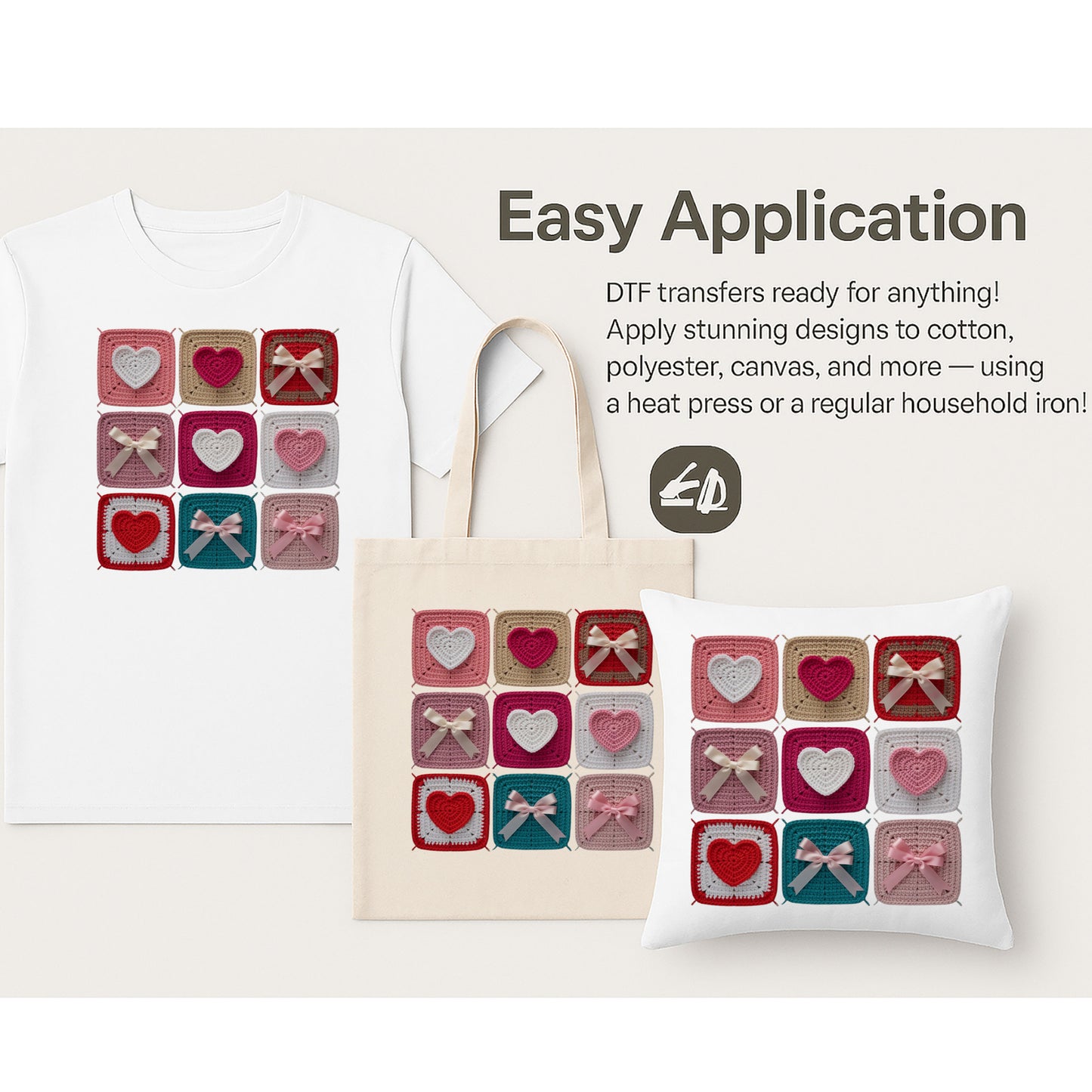 Knitted Heart & Ribbon-Themed Valentine’s Day DTF Transfer