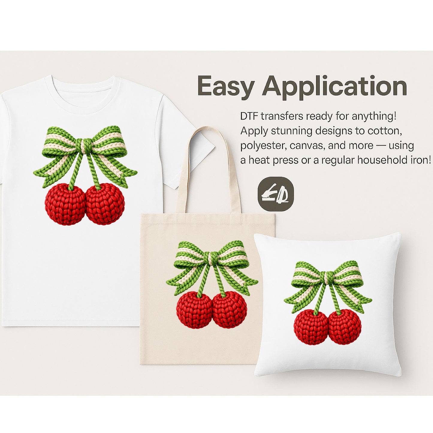 Knitted Cherry Bow-Themed Valentine’s Day DTF Transfer