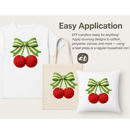 Knitted Cherry Bow-Themed Valentine’s Day DTF Transfer