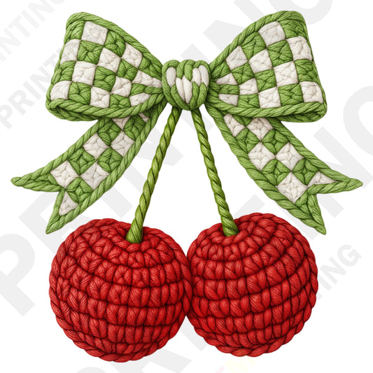 Knitted Cherry Checkered Bow-Themed Valentine’s Day DTF Transfer