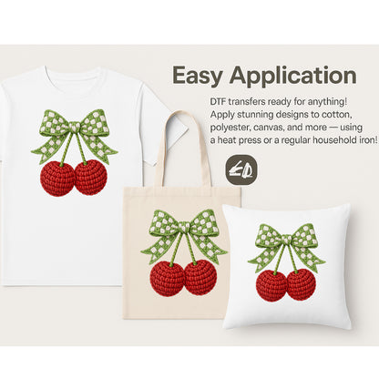 Knitted Cherry Checkered Bow-Themed Valentine’s Day DTF Transfer